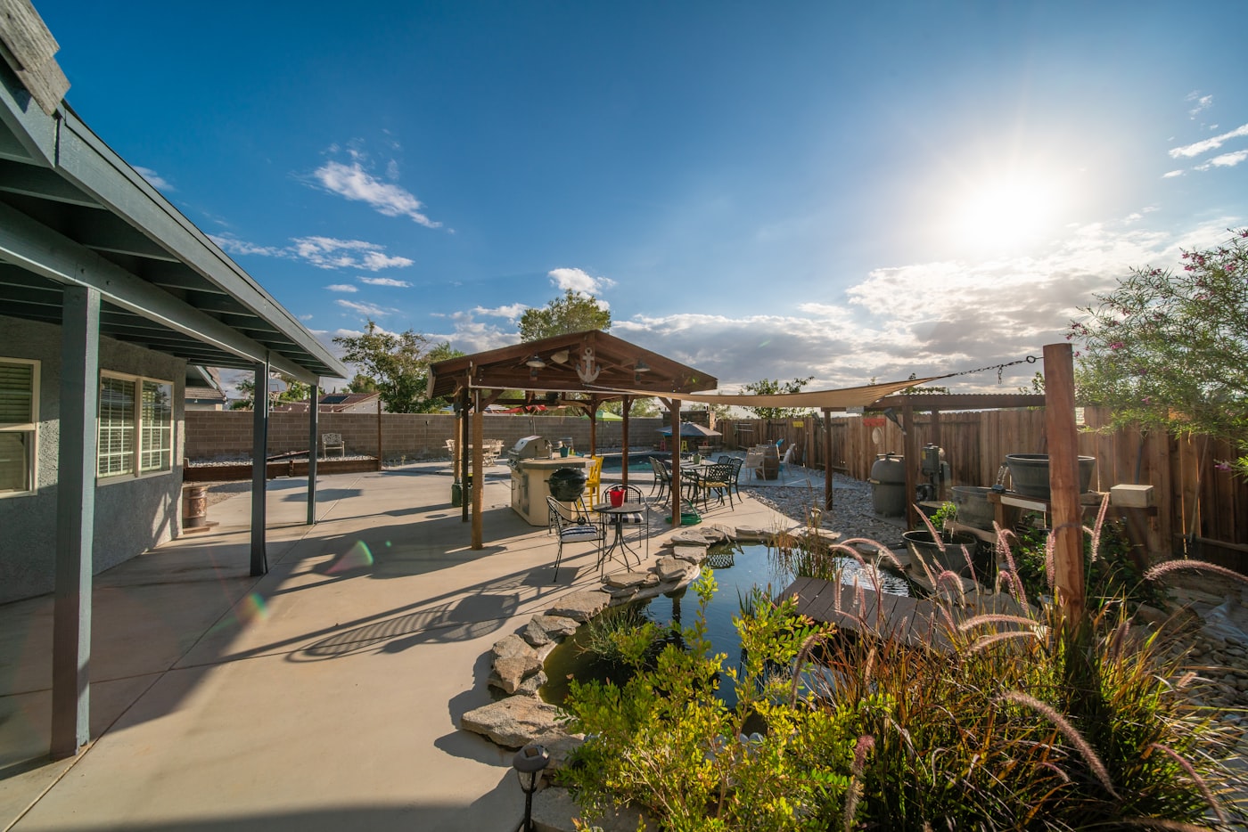 Backyard pond and pergola